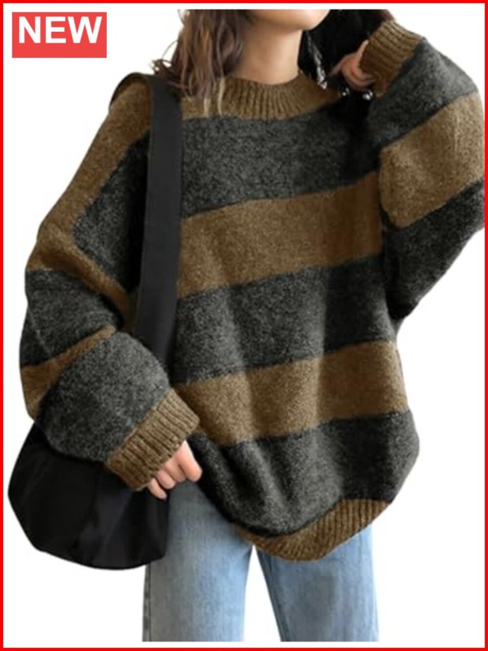 Oversized Striped Knit Pullover Sweater Crewneck Long Sleeve